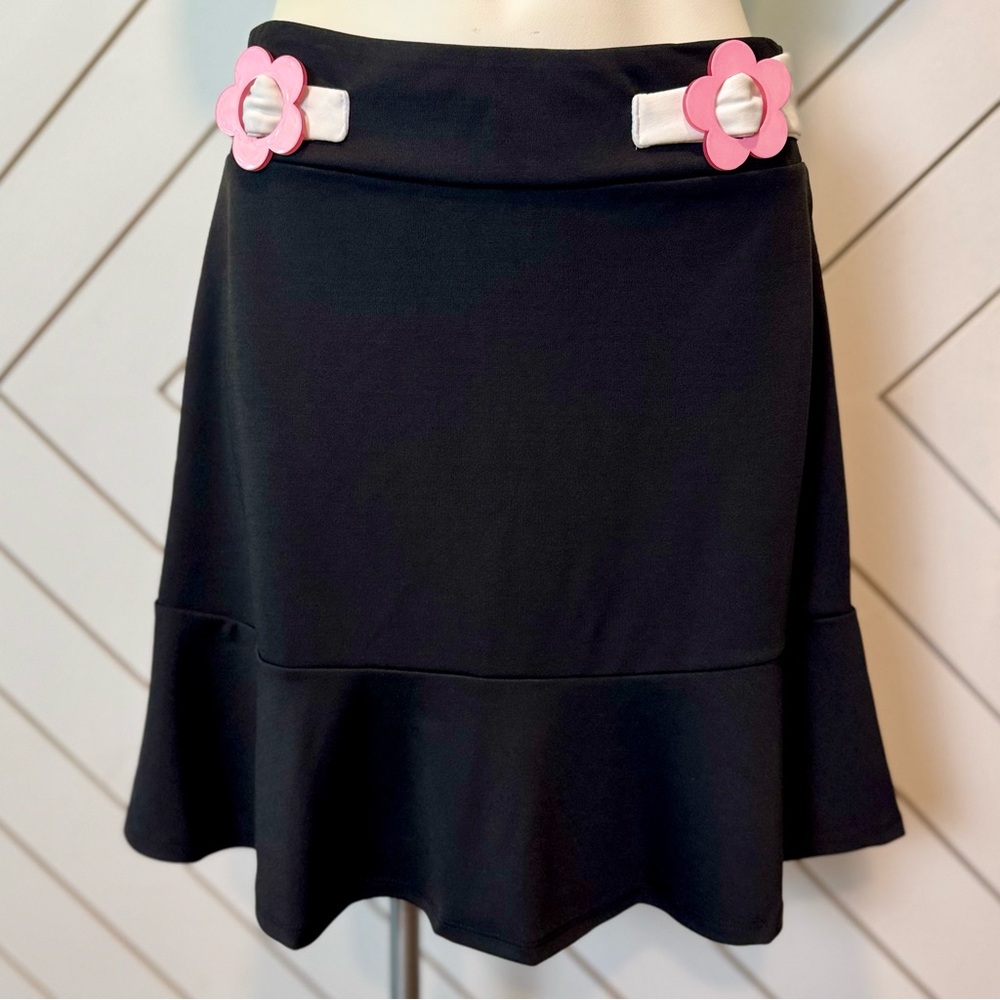 SMAK PARLOR - Black & White Skirt with Pink Floral Accents - Size M